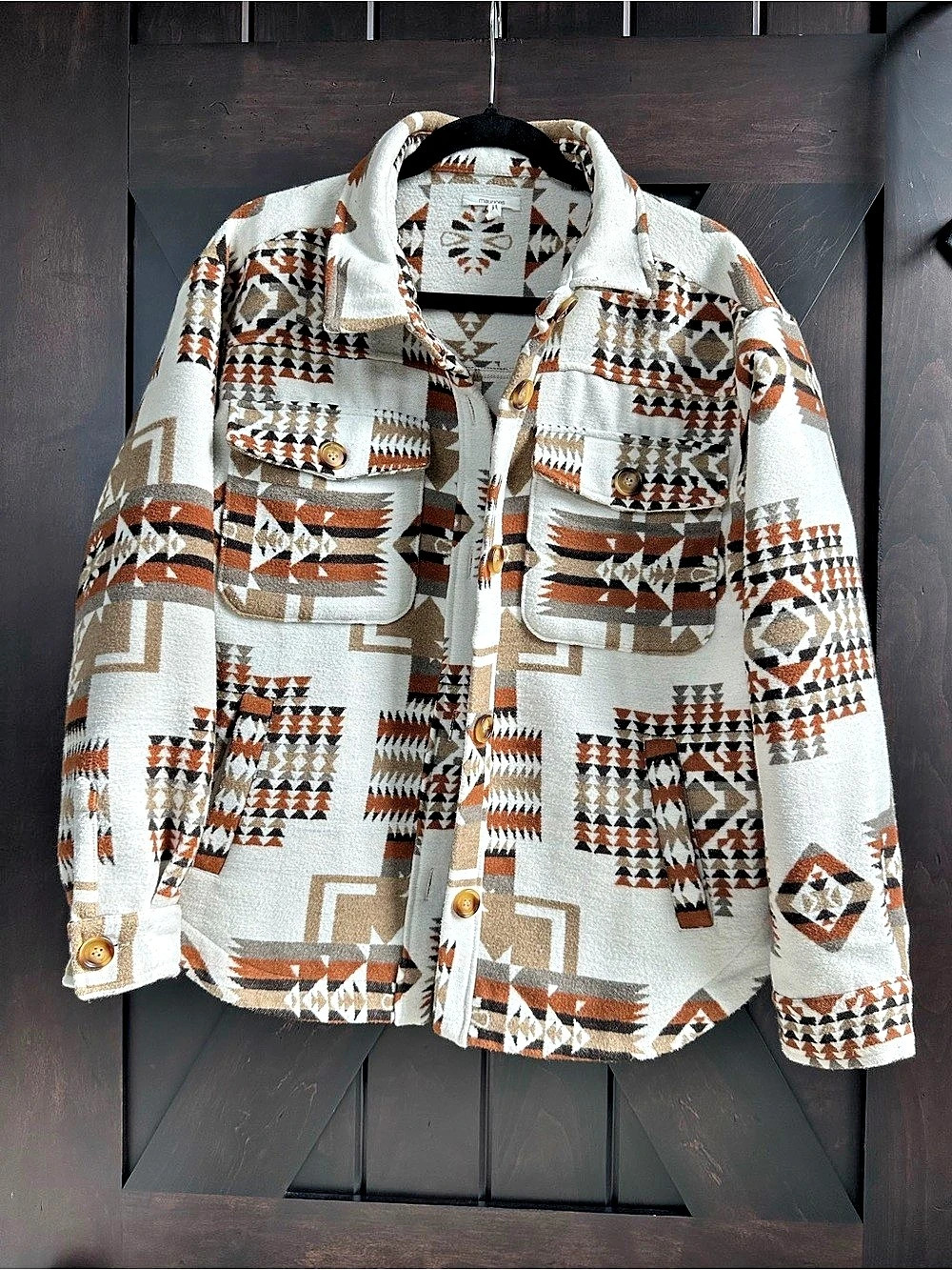 Southwestern Print Button Front Shacket Cream & Brown Medium